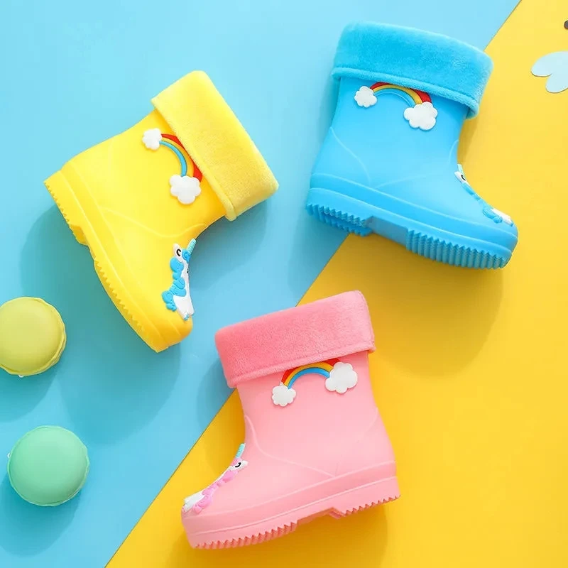 Children's Rain Shoes Cartoon Water Shoes Children's Non Slip Rain Shoes Plush Four Seasons Rubber Shoes