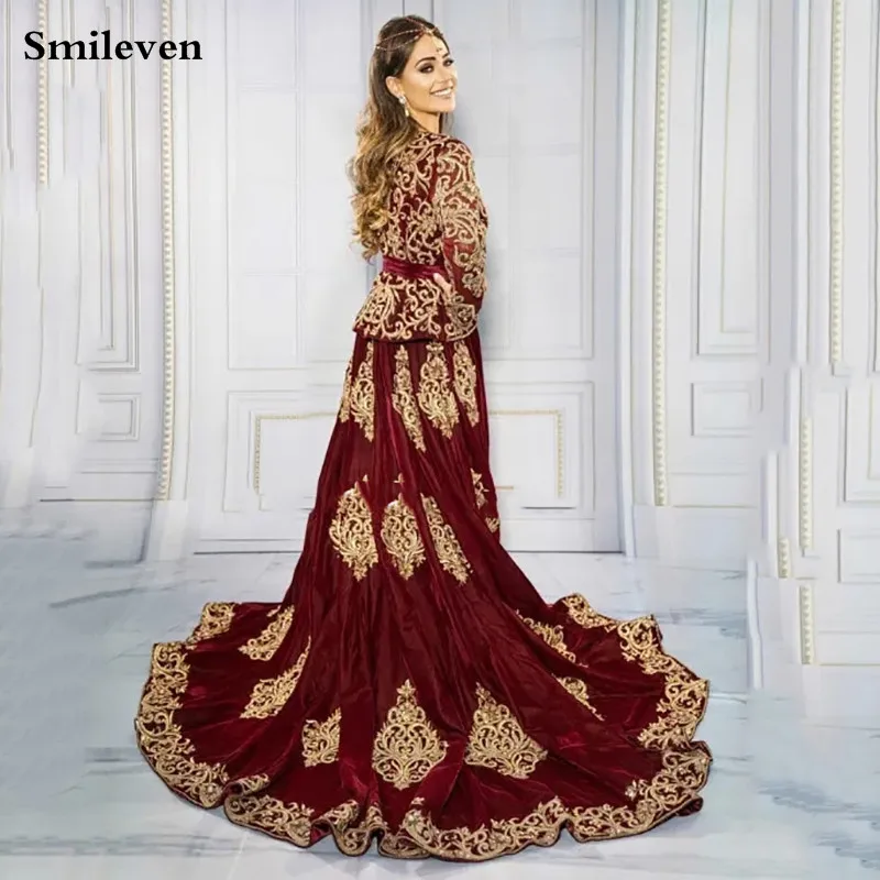 Smileven Algerian Caftan Burgundy Formal Evening Dresses Velvet Special occasion Dresses Lace Appliques Outfit Prom Party Gowns