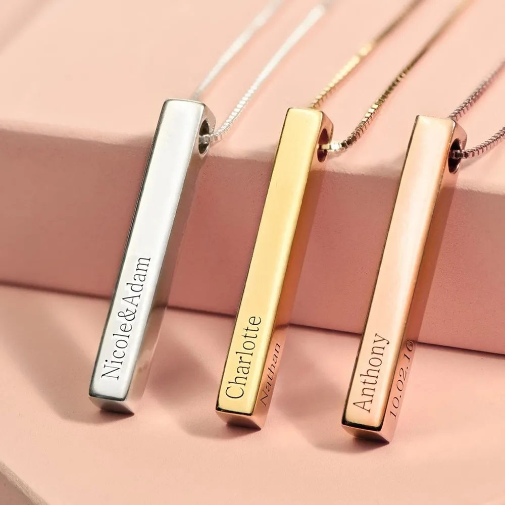 

Personalized Vertical Bar Necklace, Horizontal Bar Necklace, Custom 3D Bar Necklace, 4 Sides Gold Bar Necklace,Mother's Day Gift