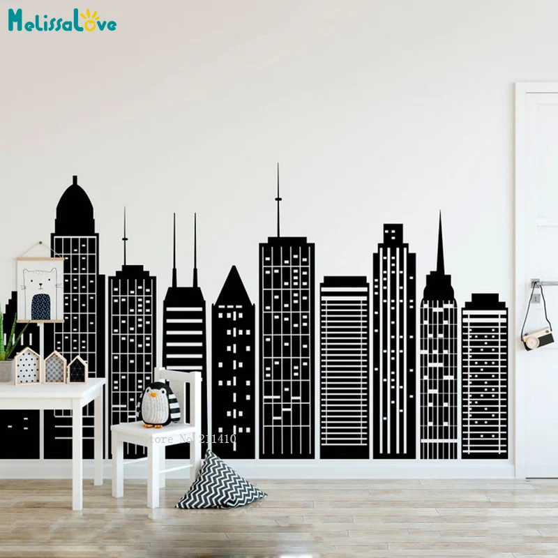 Simple Geometric City Skyline Silhouette Wall Decals Cityscape Kids Baby Room Decor Nursery Playroom Murals Vinyl YT5688