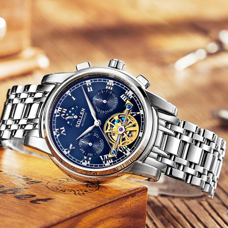 

SOLLEN-Automatic Mechanical Watches for Men, Multi-function Luminous Moon Phase Sapphire Clock SL804 Switzerland Luxury Brand