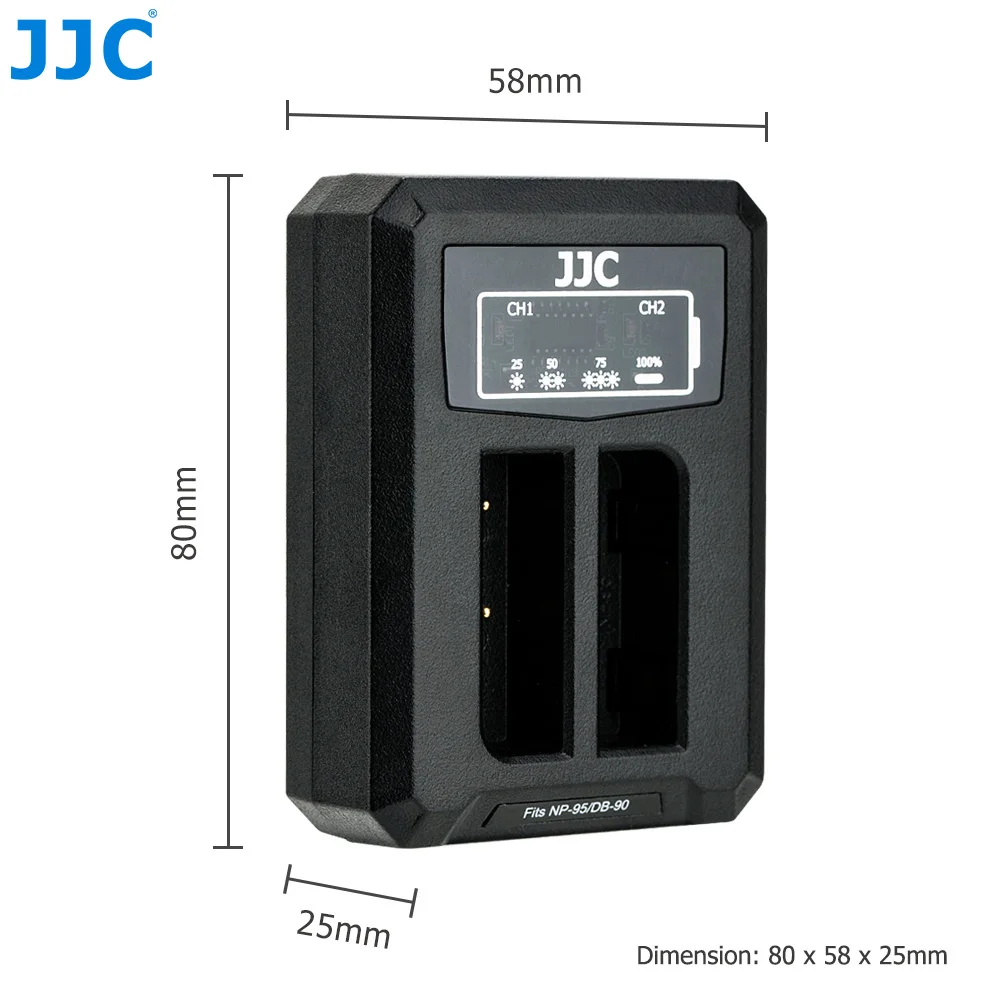 JJC USB Dual Battery Charger for Fujifilm NP-95 NP95 Ricoh DB-90 Batteries on Camera Fuji XF10 X100T X100S X100 Replaces BC-65N