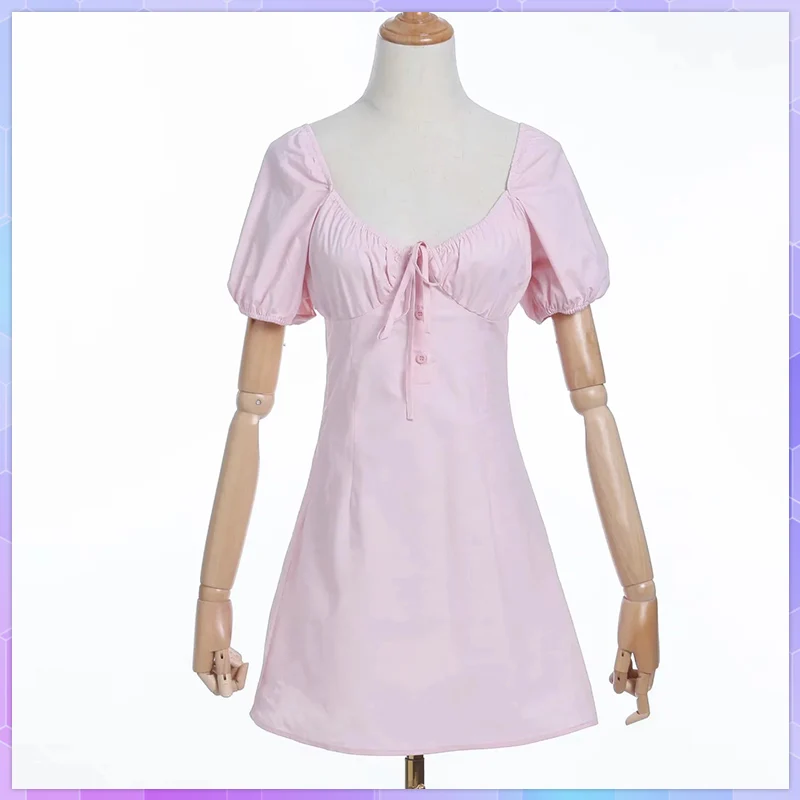 Retro Open Buttons Lacing Up V Neck Puff Short Sleeve Short Dress Woman Pink Black French Mini Dresses Holiday Cotton Vestidos