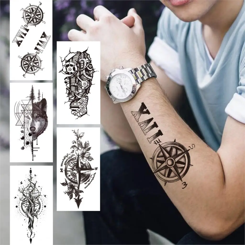 Compass Lettering Temporary Tattoos For Men Women Adult Black Wolf Arrow Flower Tattoo Sticker Fake Life Tree Body Art Tatoos