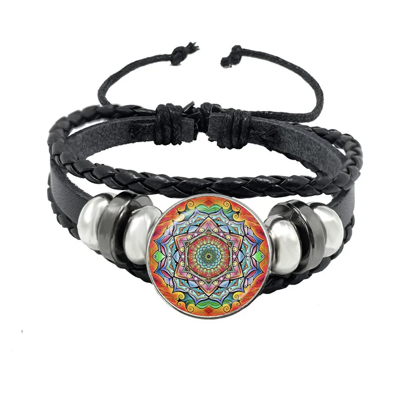Vintage Om Yoga Chakra Mandala Snap Button Leather Bracelets Classic Flower of Life Tree Adjutable Leather Bangle Jewelry
