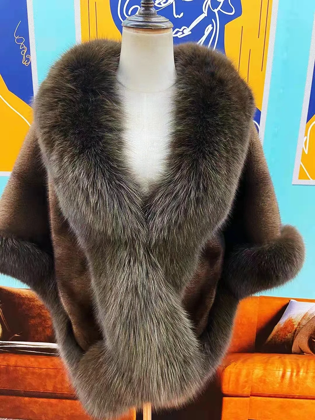 Aulande2021 New Natural Mink Fur Cape With Real Fox Fur Collar Cape Fashion Warm Women's Winter Coat Free Shipping