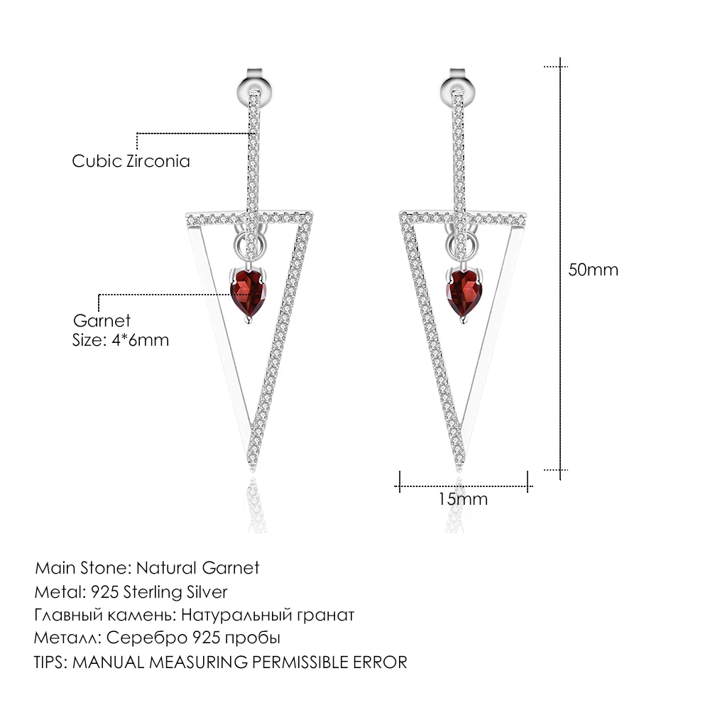 GEM\'S BALLET Triangle 925 Sterling Silver Smart Chic Earrings Natural Red Garnet Gemstone Drop Earrings for Women Fine Jewelry