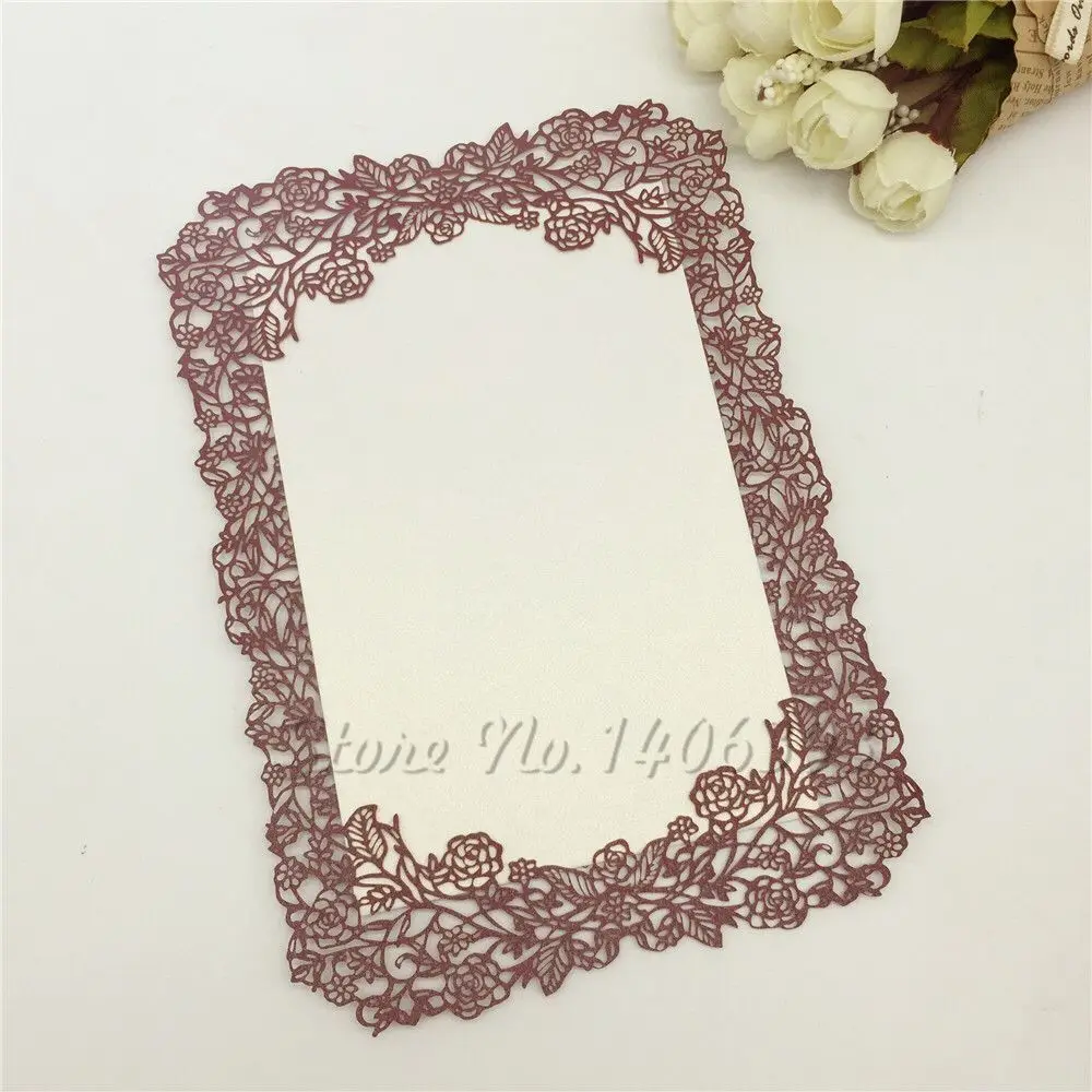 

12x17cm 20pcs laser cutting Rose design delicate paper invitation card wedding table menu card with printable black inner card