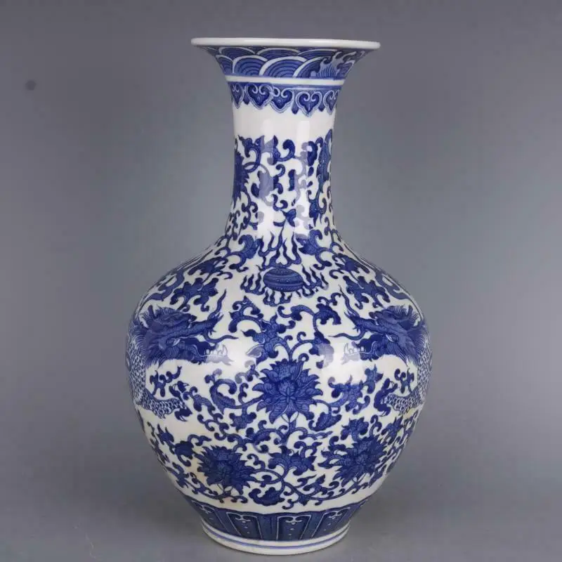 

Chinese Blue and White Porcelain Flowers Dragon Design Vase 13.07"