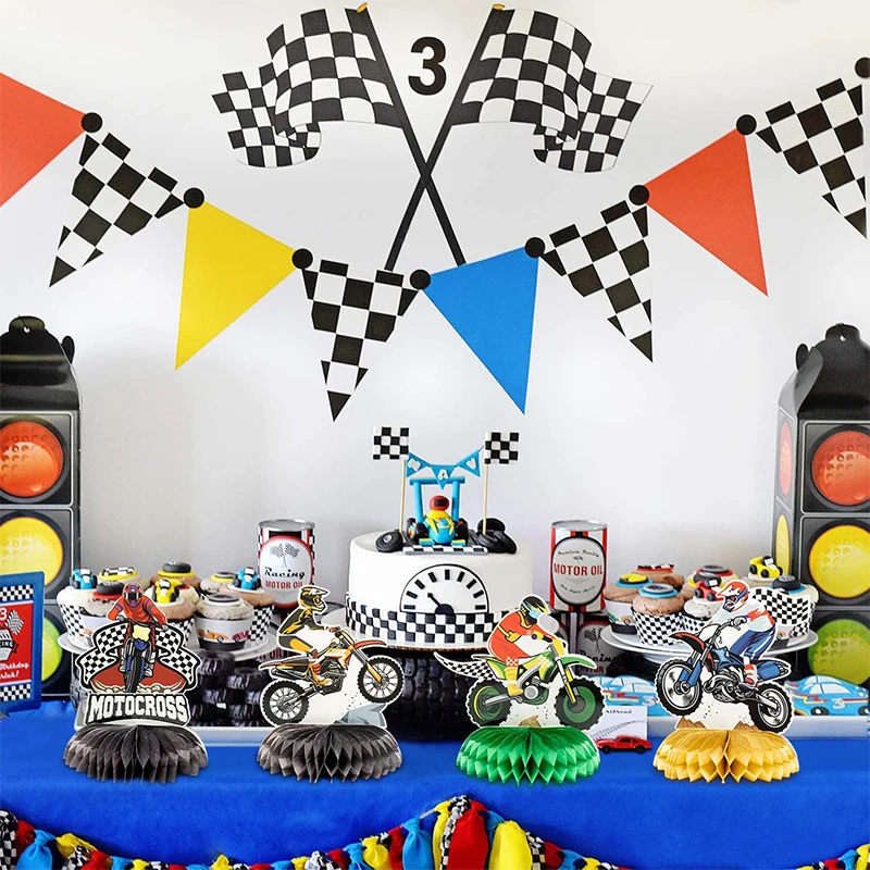 6 pezzi moto a nido d'ape centrotavola palla festa di compleanno forniture Table Topper per ragazzi Cool moto tema compleanno Decor
