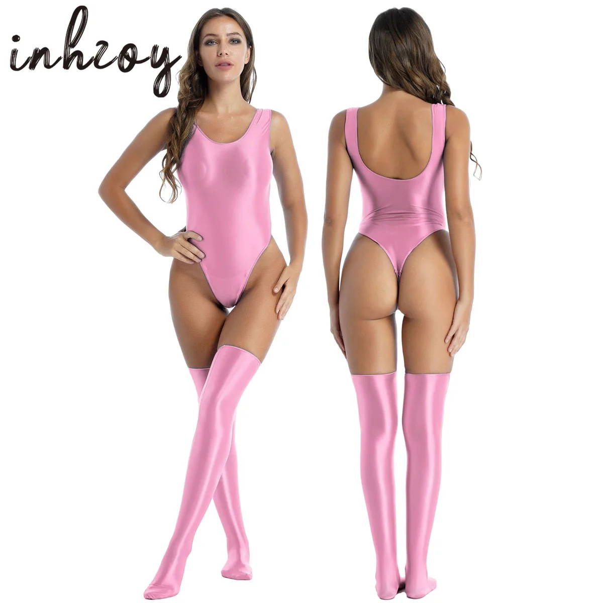 Women Sexy High Cut Bodysuit with Stocking Outfits Metallic Glossy Sleeveless Stretchy Tights One-piece Swimsuit Clubwear