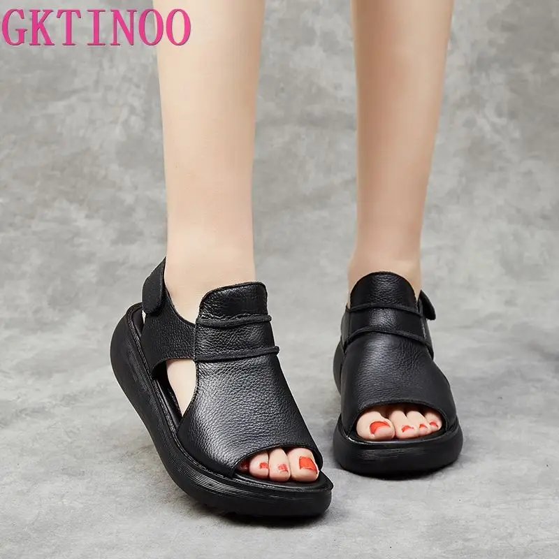 GKTINOO 2024 Summer Thick Bottom High Heel Flat Platform Sandals For Women Genuine Leather Fashion Wedges Peep Toe Women Sandals