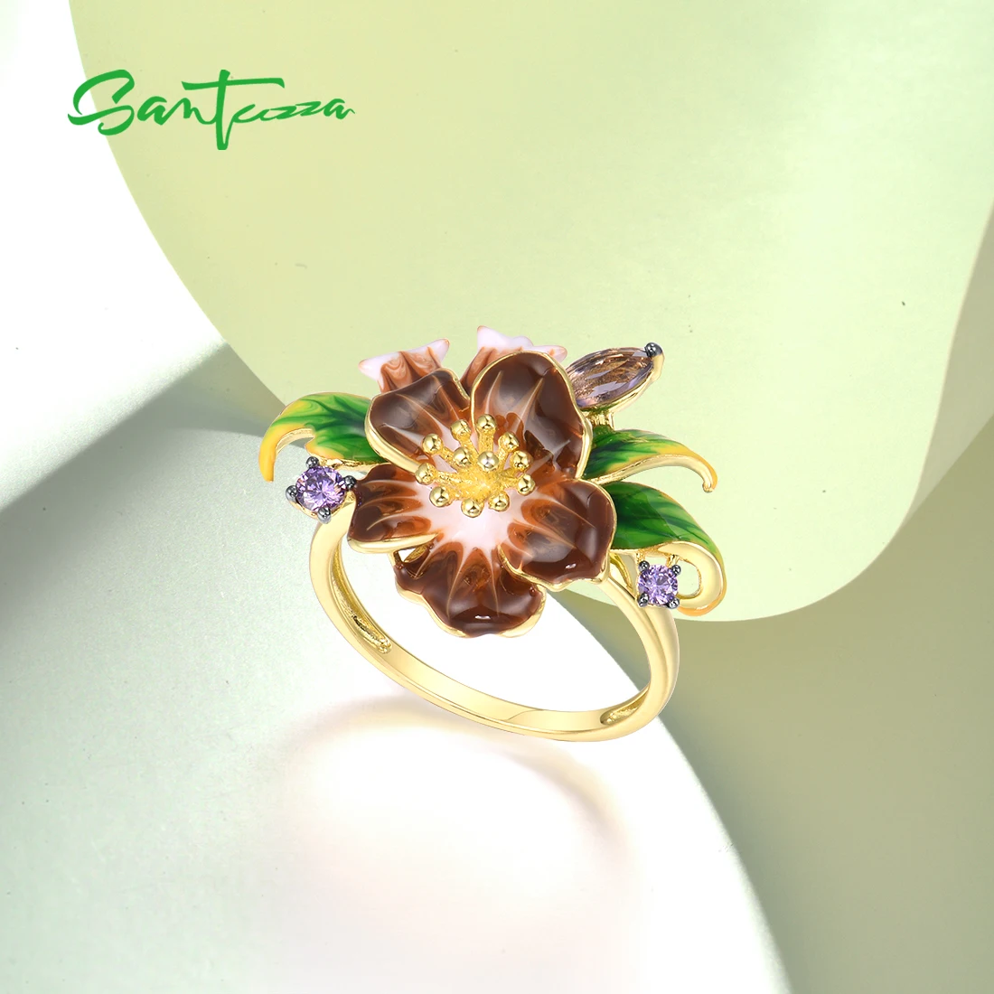 SANTUZZA Pure 925 Sterling Silver Rings For Women Exquisite Blooming Flower Amethyst CZ Ring Party Fine Jewelry Handmade Enamel image 5