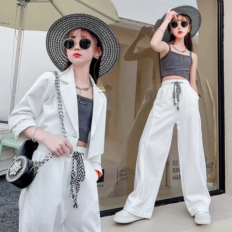 Teenage Girls Clothing Set Short Kinitted Crop Top+Blazer Jacket And Pants 3PCS White Suit Set Female Formal Social Four Seasons