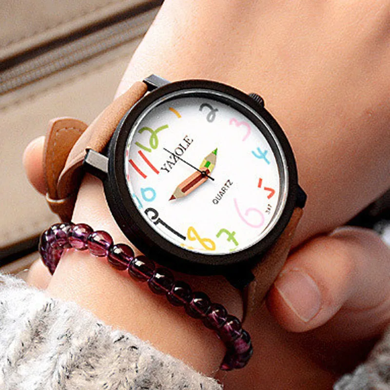 YAZOLE-Reloj grande de cuero para Mujer, pulsera de cuarzo con lápices de colores digitales, a la moda