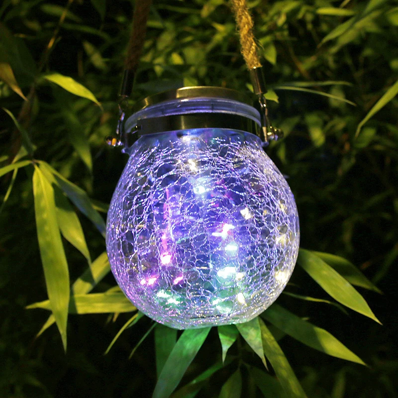 Solar Lantern Outdoor Hanging Lamp Led Mason Jar Waterproof Table Crack Glass Garden Globe Sunlight for Tree Patio Yard Decor