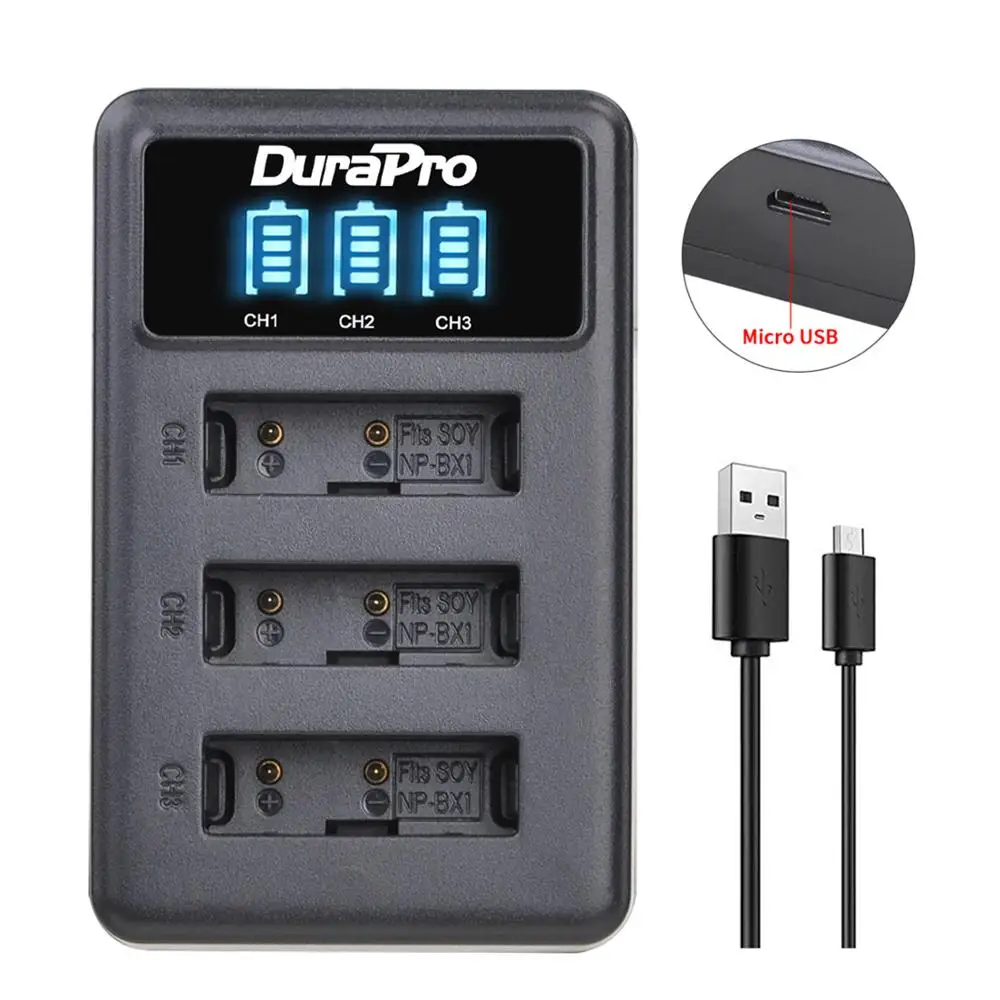 DuraPro 1860mAH NP-BX1 NPBX1 Battery+LED 3 Slots Charger For Sony ZV-1 FDR x3000 HDR as300 DSC rx100 iii DSC RX1 RX100iii