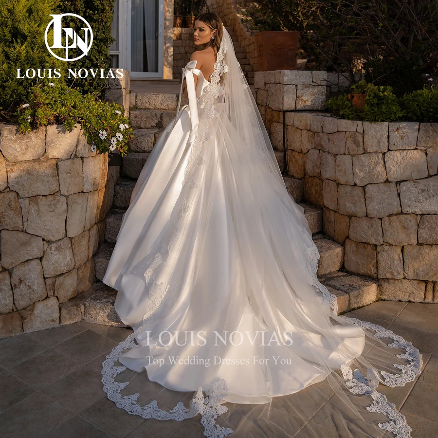 LOUIS NOVIAS vestido De Novia línea A elegante con hombros descubiertos falda De Novia De satén con lazo fajas extraíbles vestido De Novia Vestidos De Novia