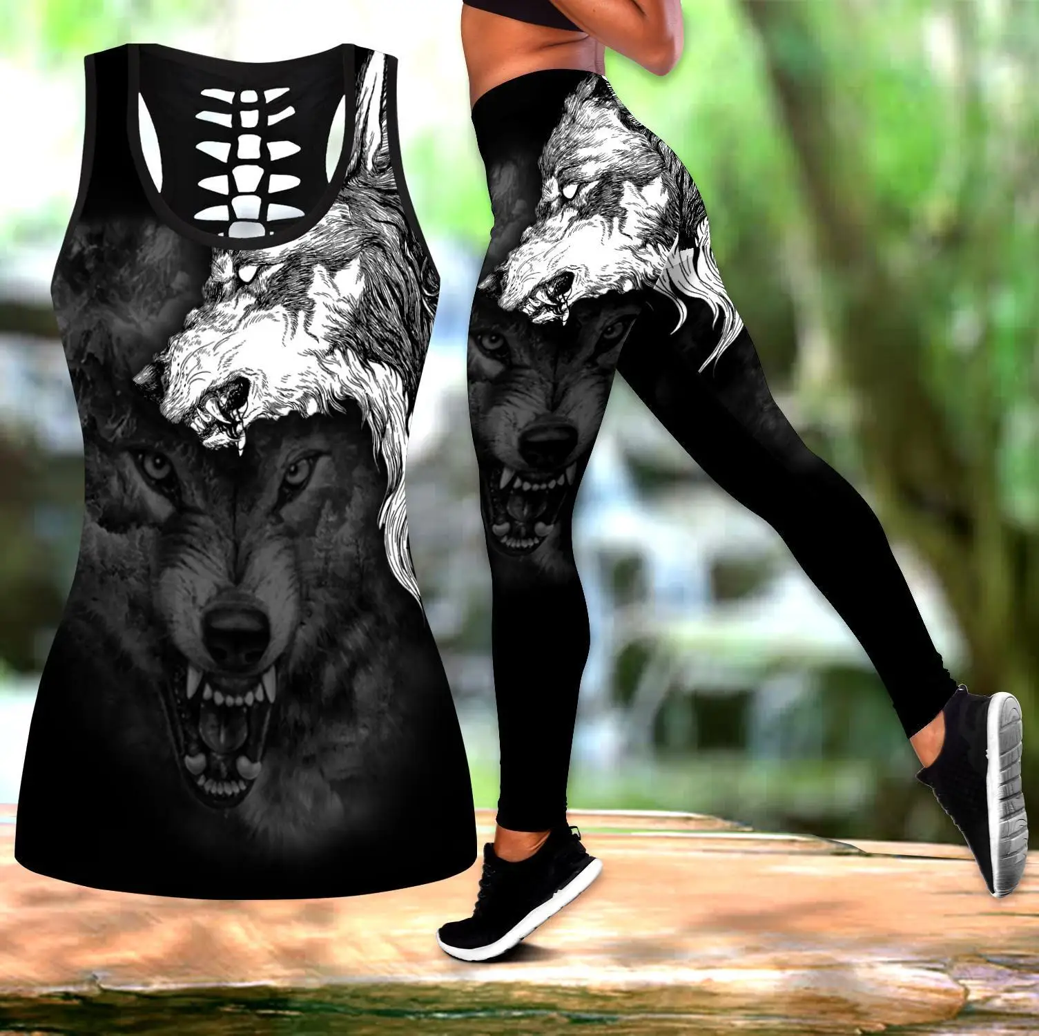 Wilk duch tatuaż 3D wszystko nadrukowane Hollow Tank Top i komplet legginsów Fitness kobiece legginsy pełnej długości spodnie do biegania DDK52