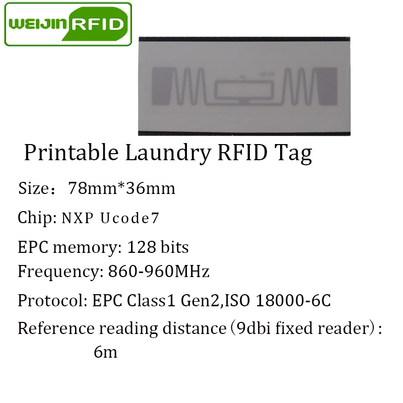 Etiqueta de lavandería UHF RFID, chip de ropa imprimible lavable, 78x36, 915, 868, 860-960M, NXP, Ucode7, EPC, Gen2, 6C, tarjeta inteligente,