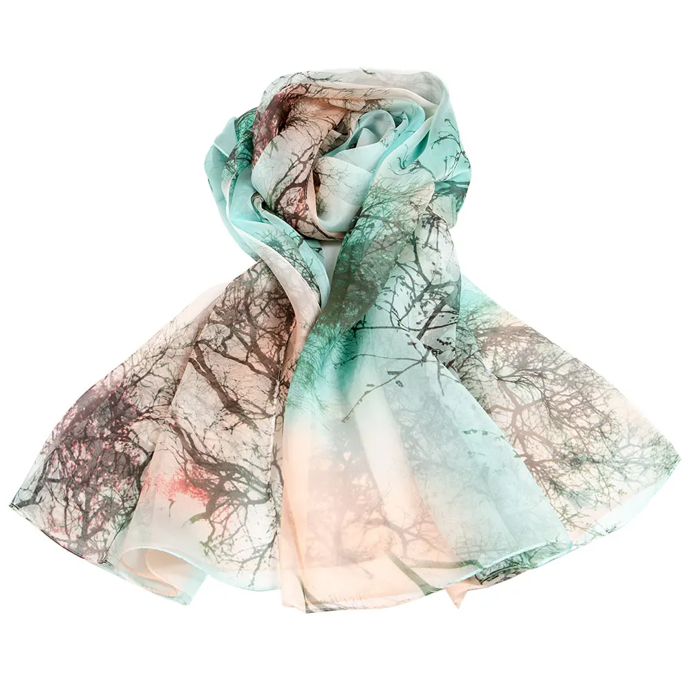 

100% Pure Silk Scarf Women Chiffon Pashmina Female Natural Silk Shawl Long Wrap Luxury Gift for Lady Office Present Forest Hijab