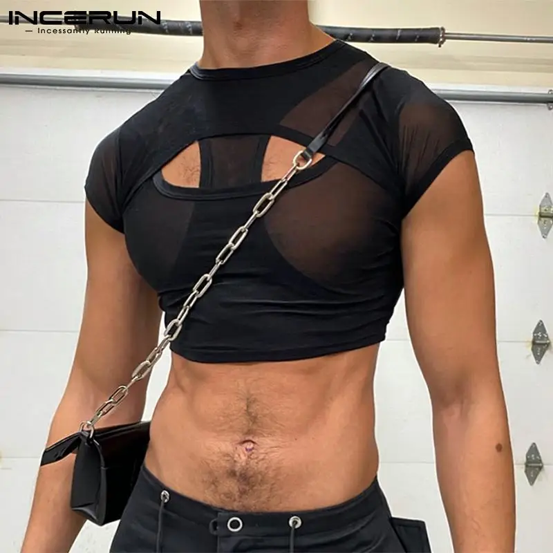 INCERUN 2023 Men T Shirt O-neck Hollow Out Short Sleeve Mesh See Through Sexy Crop Tops Men Streetwear Skinny Camisetas S-5XL