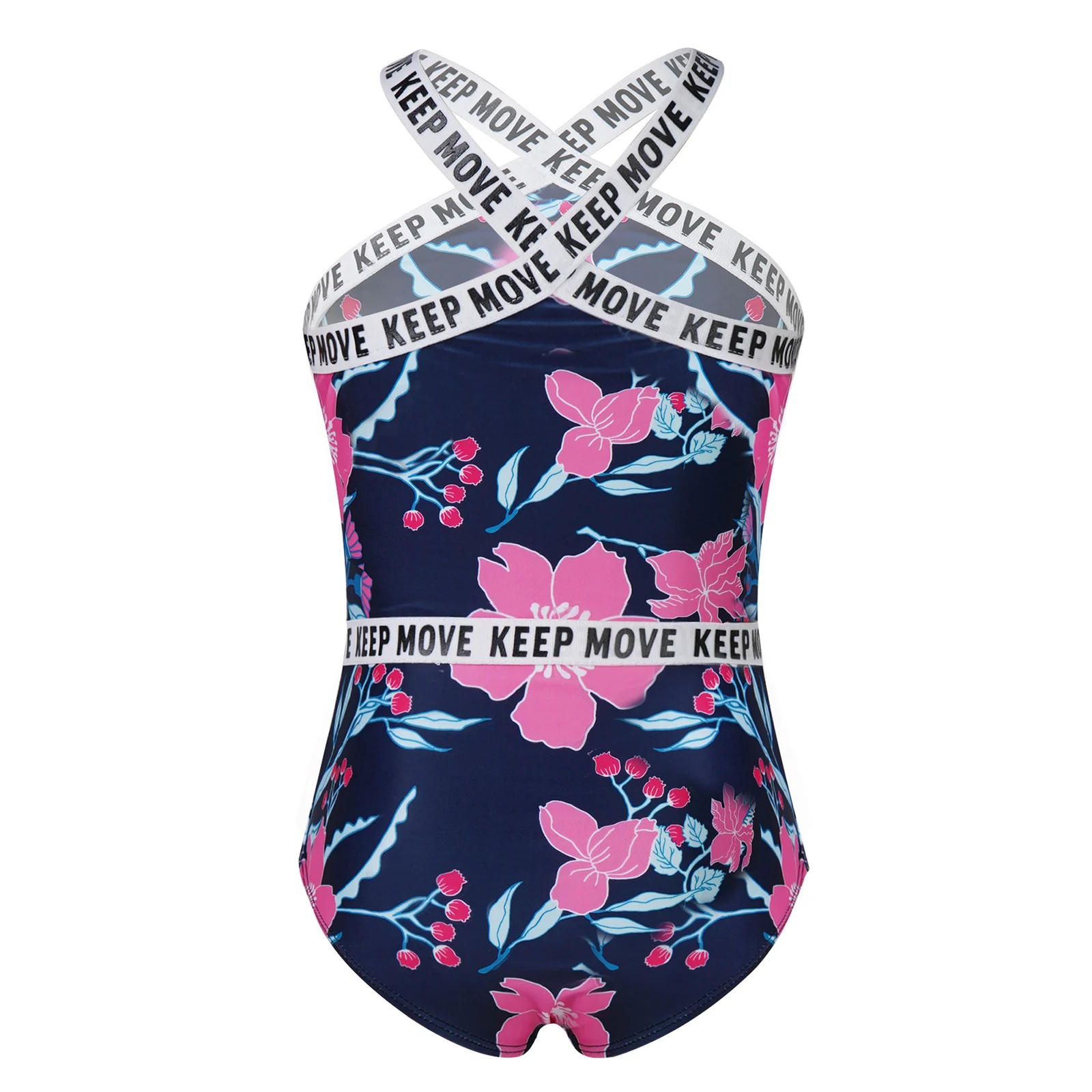 TiaoBug Summer Kids Girls One-Piece Swimming Leotard Bodysuit Sleeveless X Shaped Front And Back Letter FLowers Print Swimsuit