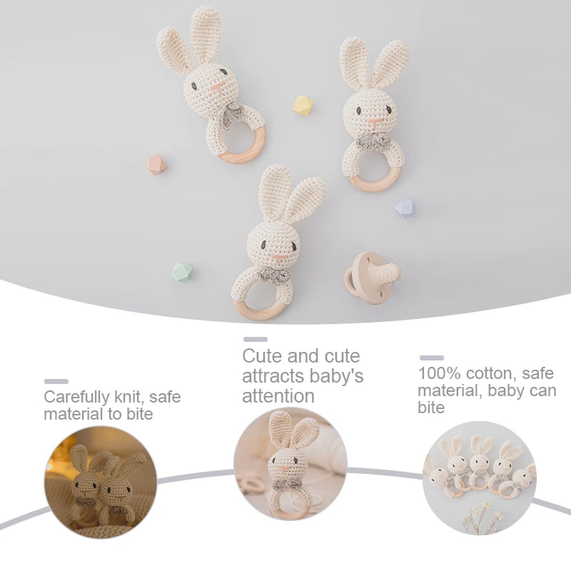 1PC Baby Ratter Toys Newborn Amigurumi Teether Wooden Teether Crochet Animals BPA Free Rattle Toy Baby Rattles Gifts For Newborn