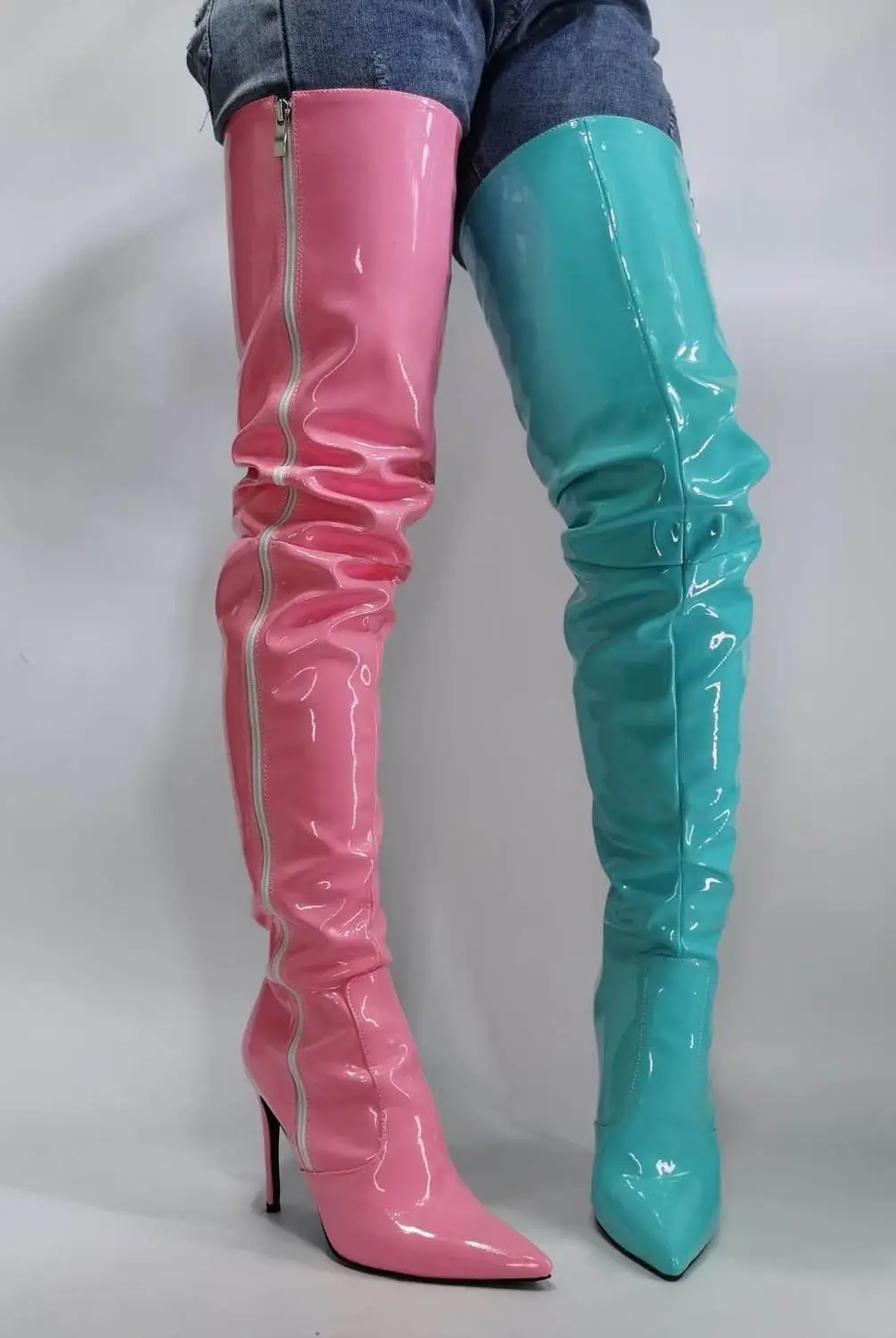 ASHIOFU Newest Handmade Women's Boots Patent Leather Blue&Pink Over Knee Boots Real Photos Sexy Evening Fashion ThighHigh Boots