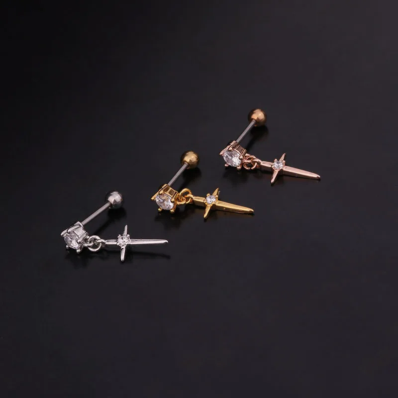 1 PCS Cute Small Cross CZ Pendant Ear Bone Cuff Earring Trendy Zircon Gold Color Stainless Steel Helix Ball Bar Piercing Ears