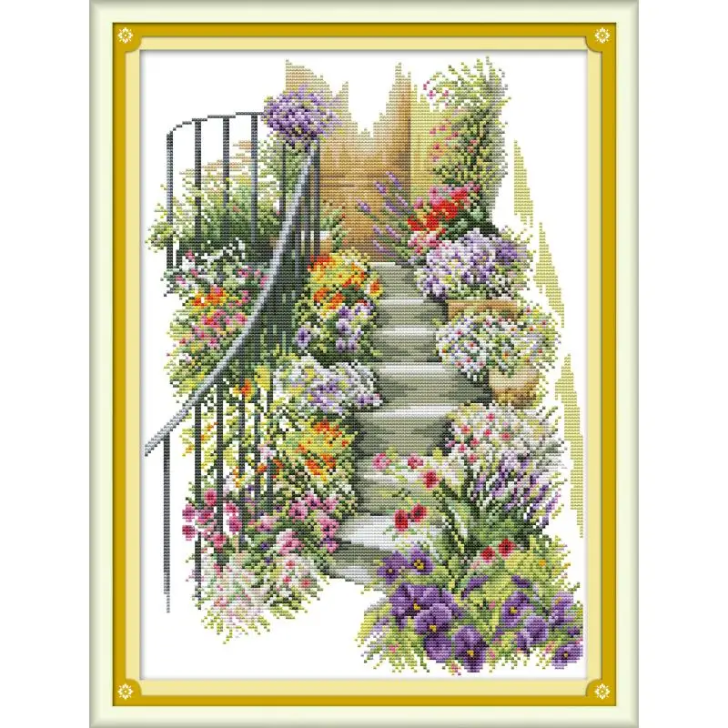 Joy Sunday New Arrival Cross Stitch Kits Flower Stairs Needlework DMC 11&14CT DIY Handmade Embroidery Kit For Home Decor&Gift