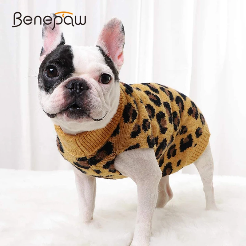 Benepaw Comfortable Dog Sweater Leopard Pattern Puppy Turtleneck Knitwear Clothes Warm Pet Pullover for Fall Winter