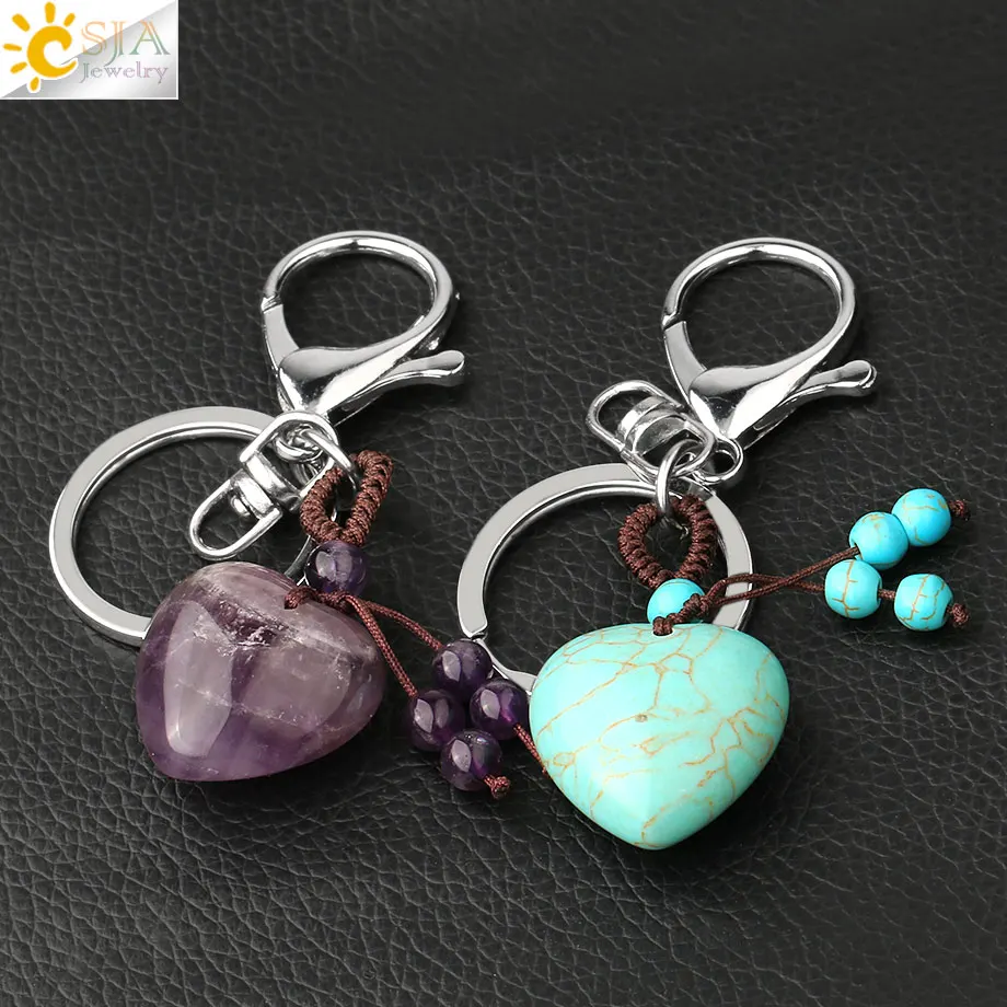 CSJA Heart Natural Crystal Keychains 7 Chakra Healing Stone Pink Quartz Tiger Eye Keyring Silver Color Car Key Holder Decor G554