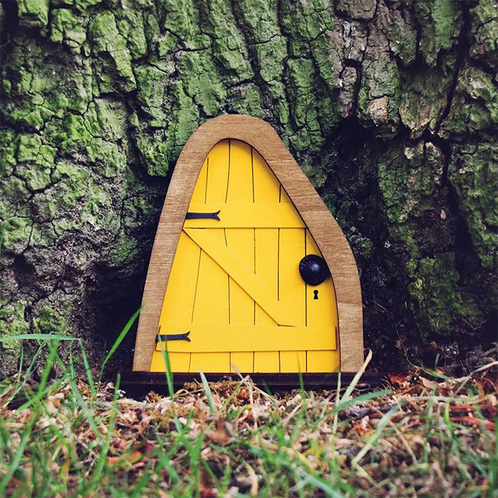 Fairy Gate Yard Sculpture Courtyard Wooden Miniature Fairy Dwarf Window Door for Tree Gnome Art Garden Statues Decoration