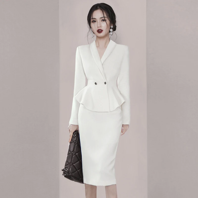 Women\'s V-Neck Long-Sleeved Suit Jacket and High Waist Pencil Skirt, Korean Fashion, Spring and Fall, New, 2-Piece Set