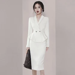 Women's V-Neck Long-Sleeved Suit Jacket and High Waist Pencil Skirt, Korean Fashion, Spring and Fall, New, 2-Piece Set