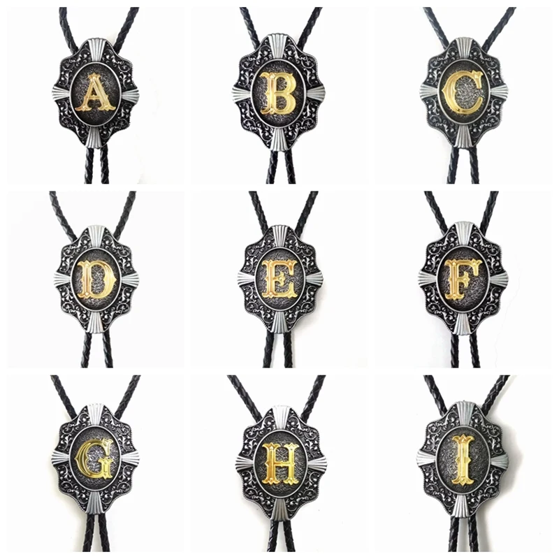 Golden Initial Letter A to Z Antique Silver Western Cowboy Rodeo Bolo Tie Adjustable Novelty Neckties for Men Accessories Gifts