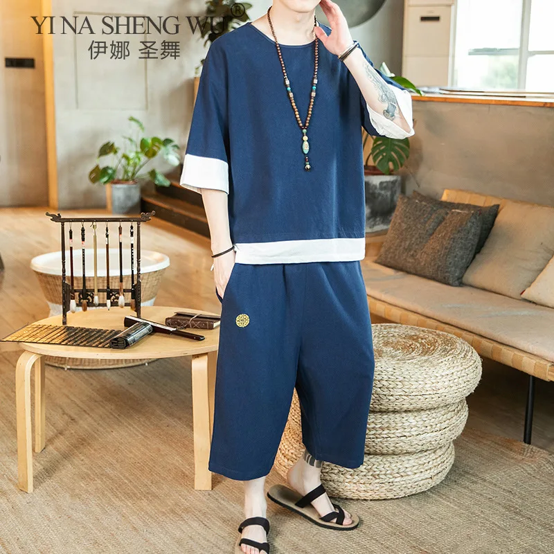 Japanese Style Clothing Set Samurai Man T-shirt Trousers Linen Breathable Chinese Suit Summer Kimono Top Cropped Pants Outfit