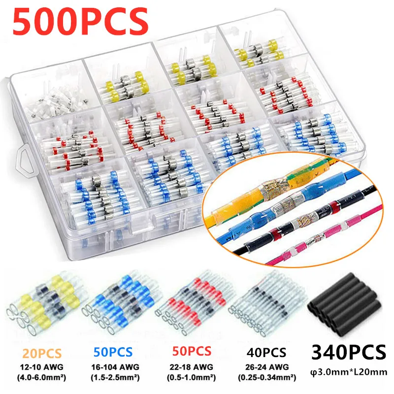 

(500PCS) 160PCS Heat Shrink Butt Terminals Waterproof Solder Seal Wire Butt Connectors Kit +340PCS Fast Connect Shrink Tube