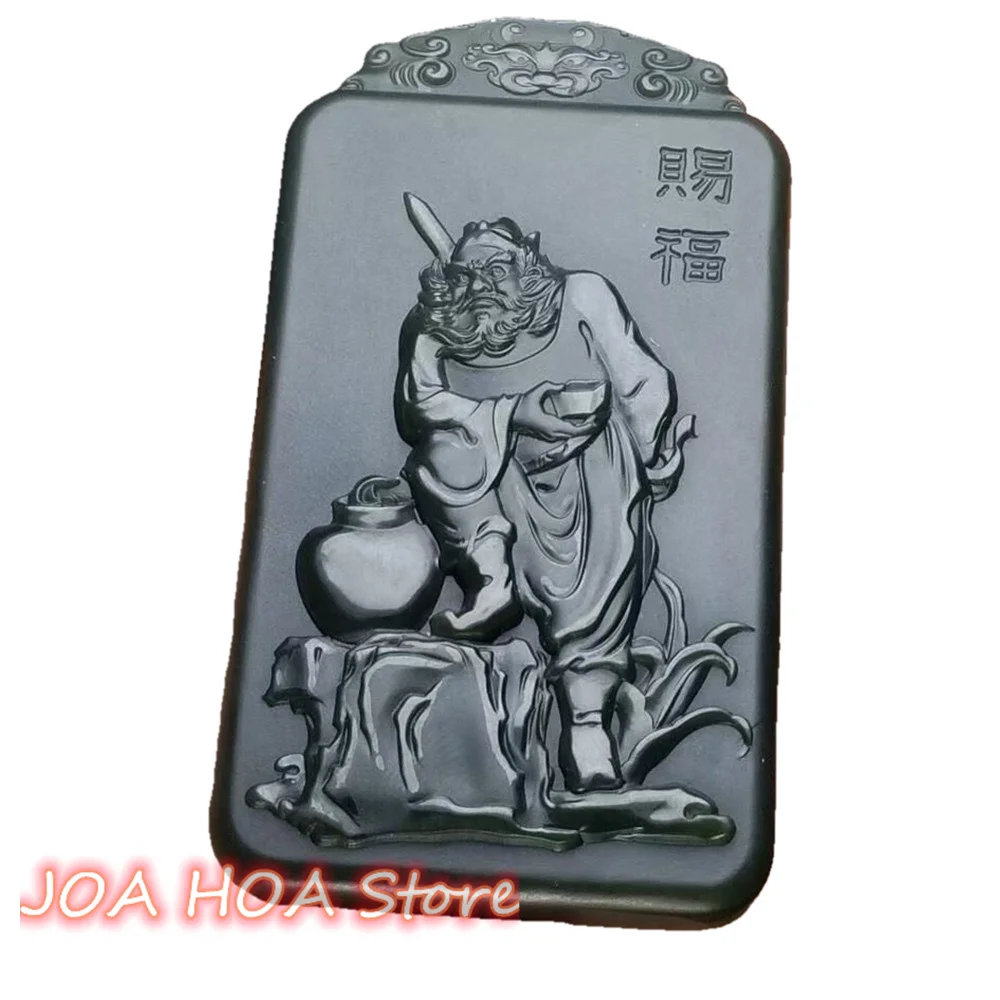 Heavenly Master Zhong Kui Character Double-sided Carved Natural Qing Jade Pendant Unique Handicraft Jewellery Necklace Chain