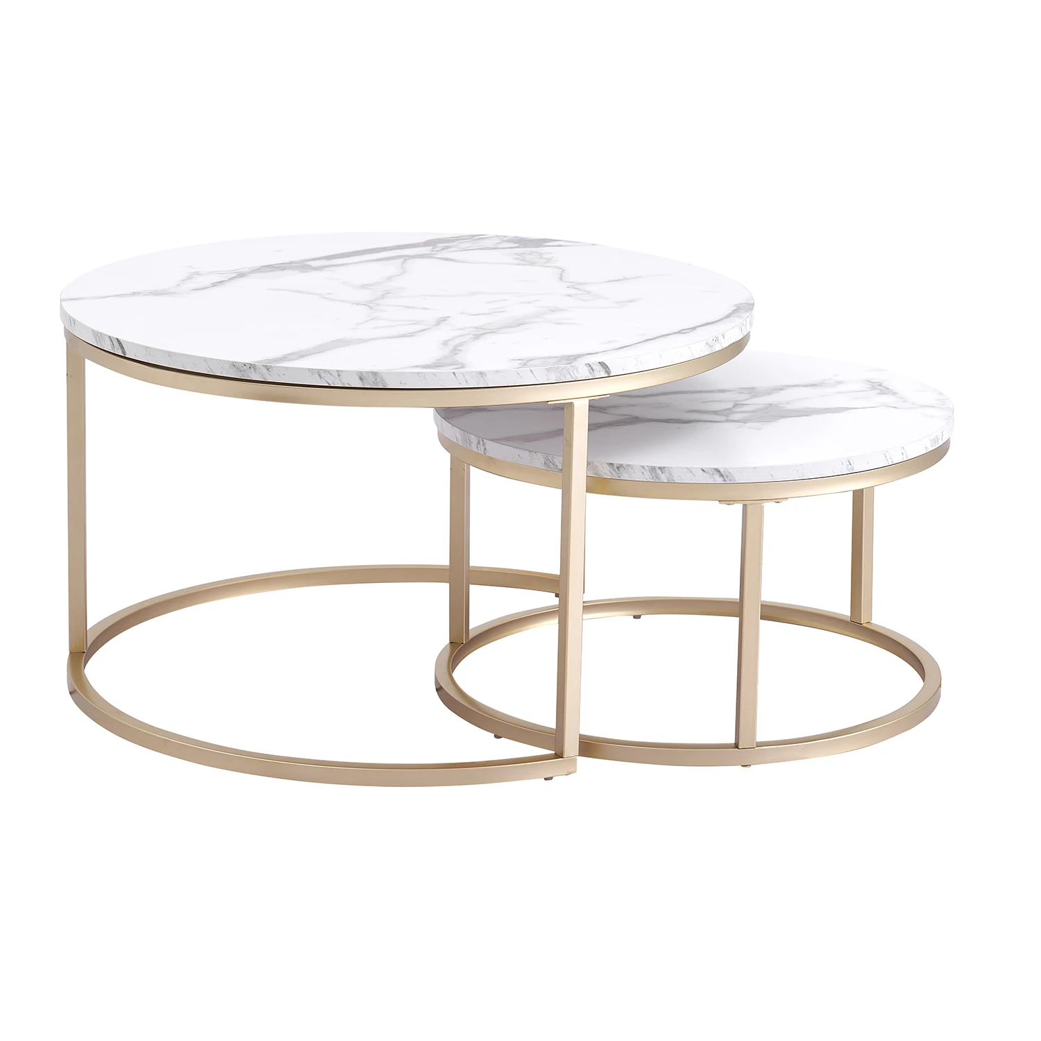 Mesa de centro con textura de mármol para sala de estar, sofá lateral, mesa redonda de té, 2 en 1, combinación de muebles, Blanco dorado, 2 piezas