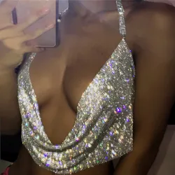 Sexy Shiny Rhinestone Crop Top For Women  Sleeveless Backless Deep V Neck Tank Top See Through Adjustable Camisole Club Outfits
