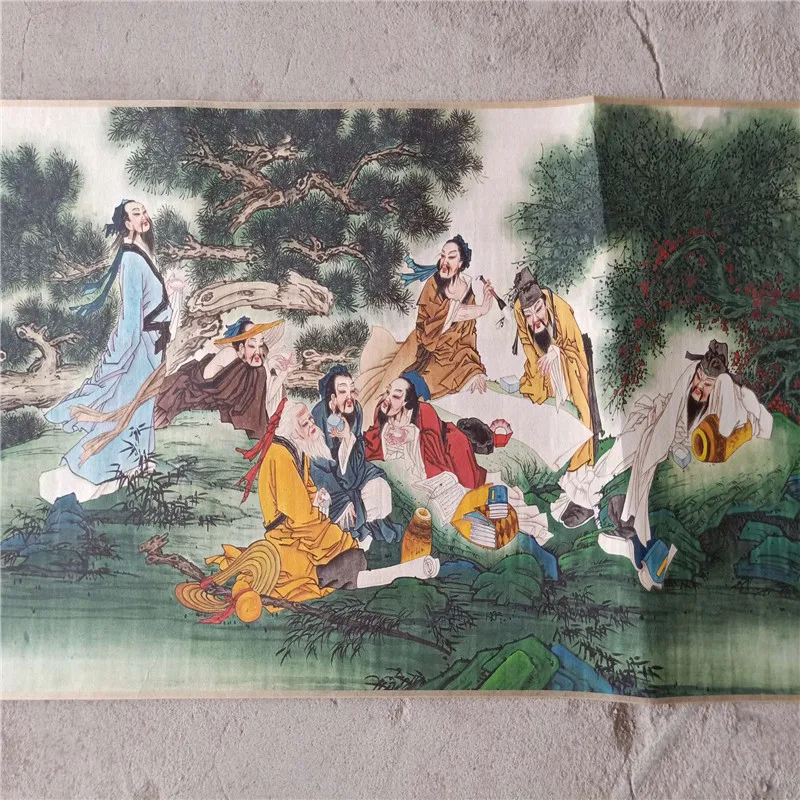 Chinese Old Paper Painting, Zhang Daqian's Eight Immortals In Drink, Long Scroll Painting