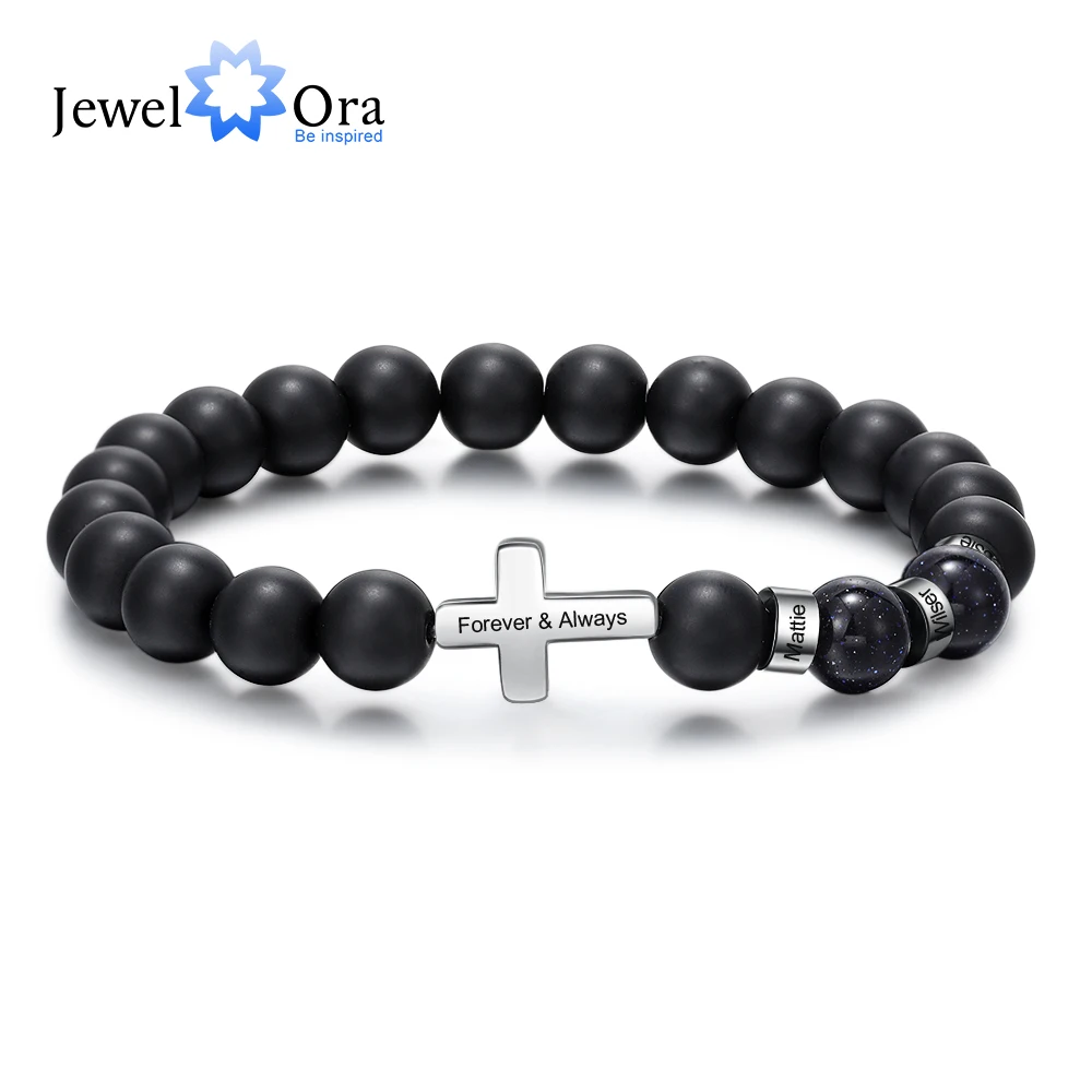 Personalized Stainless Steel Beaded Bracelets with 3 Custom Name Cross Men Bracelets Gift for Father/Grandfather/Boyfriend