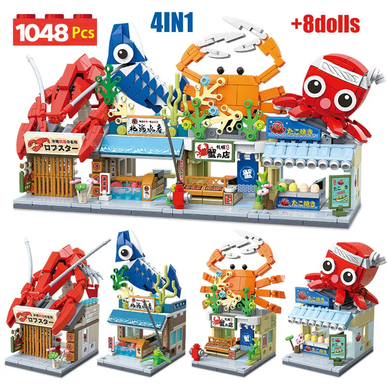 1048pcs 4 in 1 City Street View Seafood Store Japanese Style Architecture Building Blocks Friends Figures Bricks Toys For Kids