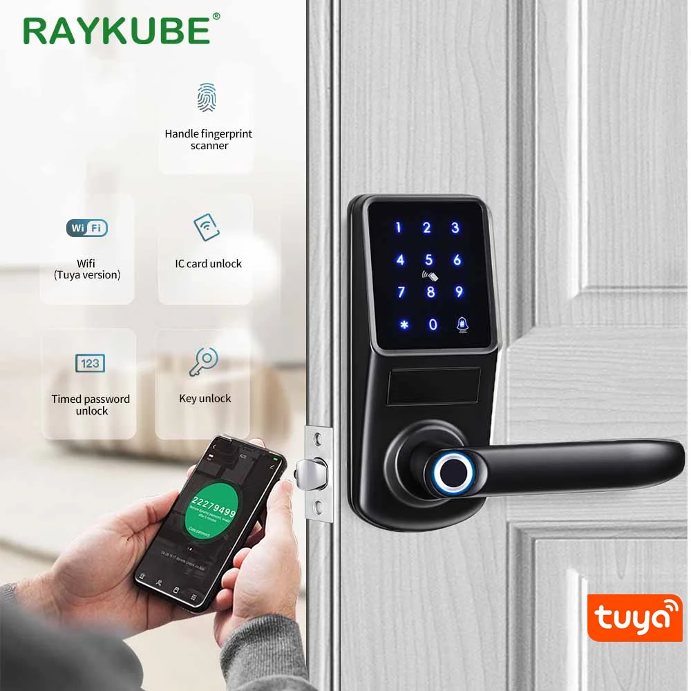 RAYKUBE A290F Smart Fingerprint Door Lock Deadbolt Tuya APP Wifi Remote Control Open The Door with Key and Ic Card Smart Home