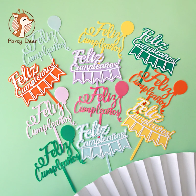 Feliz cumpleaños. Español Acrylic Candy color Happy Birthday Cake Topper in Spanish for Party Decoration Baking Supplies Gifts