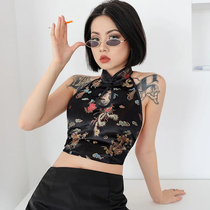 Chinese Style Dragon Embroidery Camis Fashion Women Summer Backless Bandage Crop Tops Club Ladies Sexy Chinese Collar Camisoles