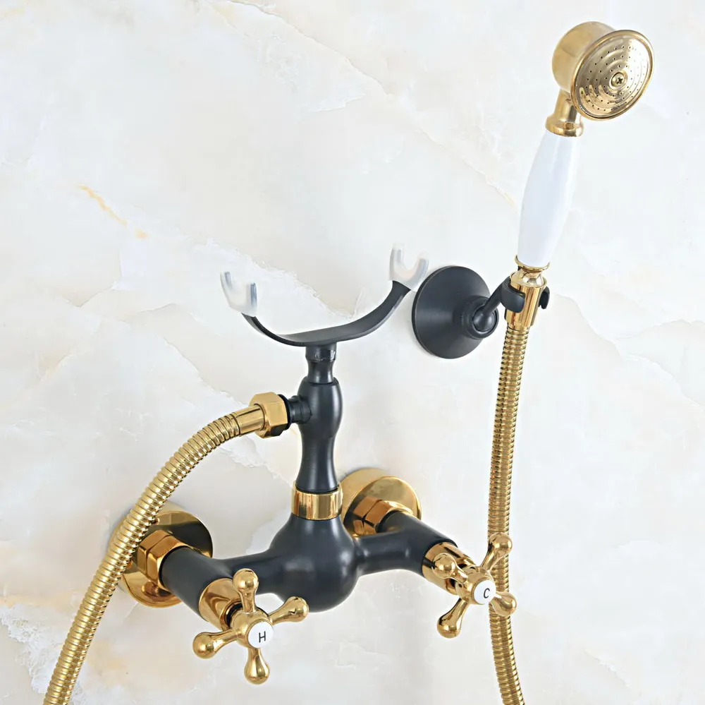 

Black Oil Rubbed & Polished Gold Brass Wall Mounted Bathtub Faucet with Handheld Shower Set +150CM Hose Mixer Tap 2na535