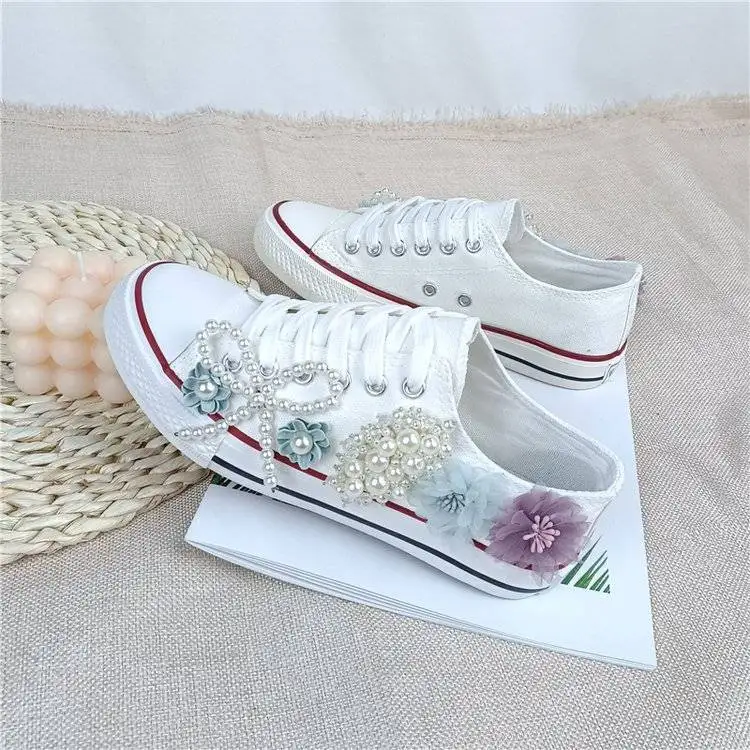 Girls Canvas Shoes Women\'s Spring/Autumn Casual Shoes Pearl Flower Fashion Flat Ribbon Lace-up Comfortable Vulcanized Shoes